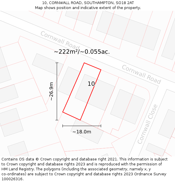 10, CORNWALL ROAD, SOUTHAMPTON, SO18 2AT: Plot and title map