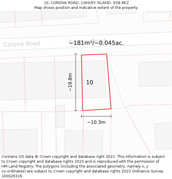 10, CORONA ROAD, CANVEY ISLAND, SS8 8EZ: Plot and title map