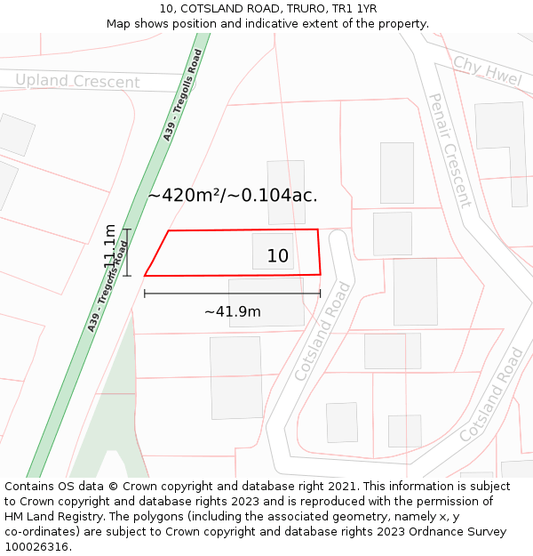 10, COTSLAND ROAD, TRURO, TR1 1YR: Plot and title map