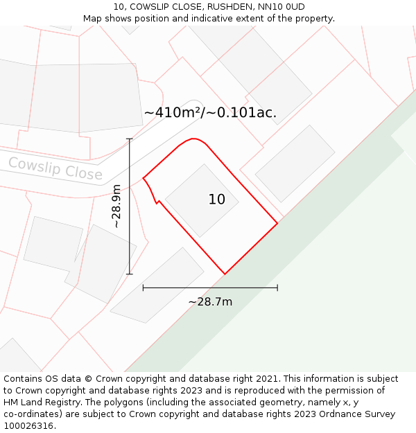 10, COWSLIP CLOSE, RUSHDEN, NN10 0UD: Plot and title map