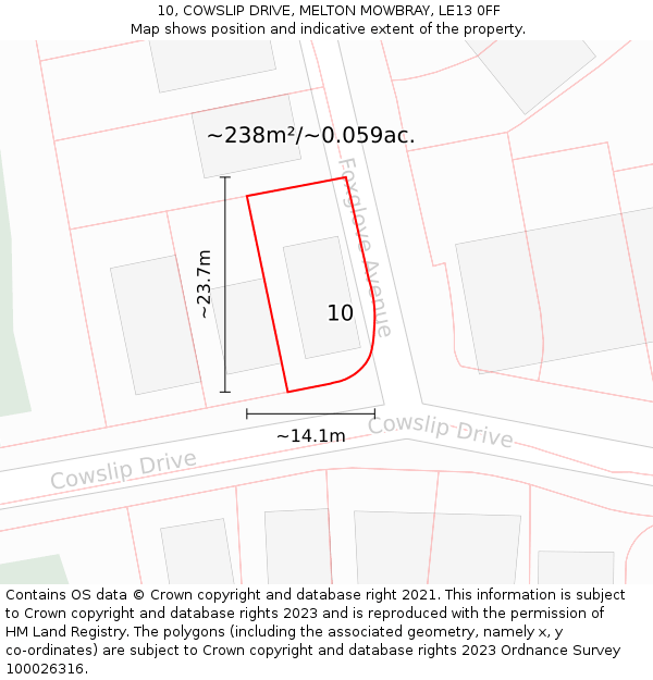 10, COWSLIP DRIVE, MELTON MOWBRAY, LE13 0FF: Plot and title map