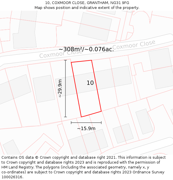 10, COXMOOR CLOSE, GRANTHAM, NG31 9FG: Plot and title map