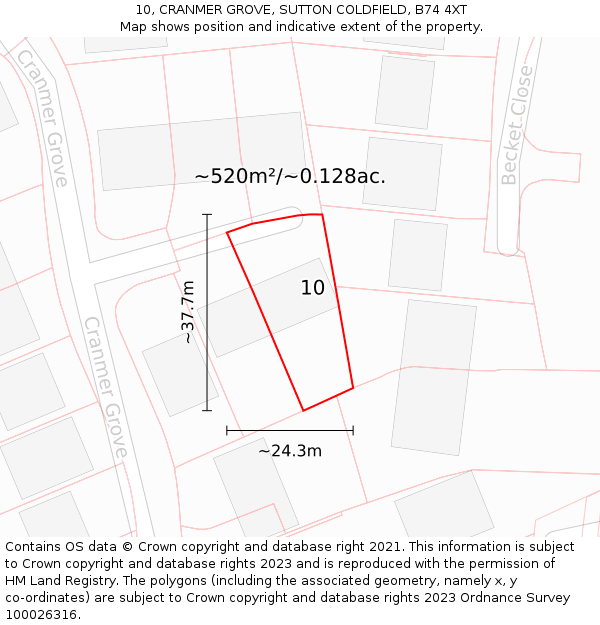 10, CRANMER GROVE, SUTTON COLDFIELD, B74 4XT: Plot and title map