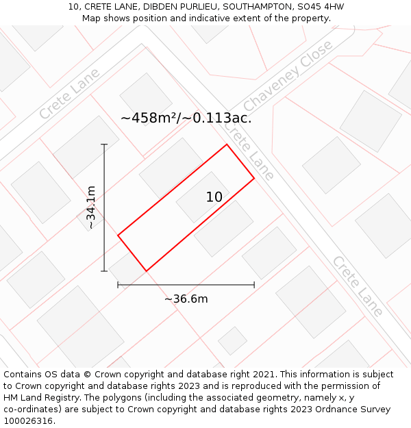 10, CRETE LANE, DIBDEN PURLIEU, SOUTHAMPTON, SO45 4HW: Plot and title map