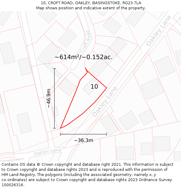 10, CROFT ROAD, OAKLEY, BASINGSTOKE, RG23 7LA: Plot and title map