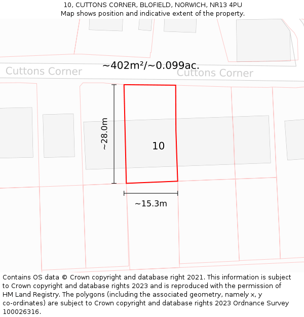 10, CUTTONS CORNER, BLOFIELD, NORWICH, NR13 4PU: Plot and title map