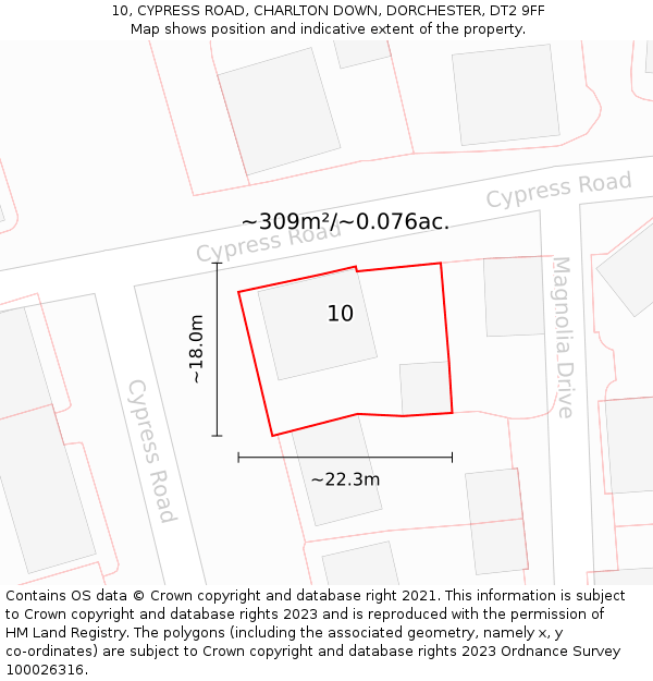 10, CYPRESS ROAD, CHARLTON DOWN, DORCHESTER, DT2 9FF: Plot and title map