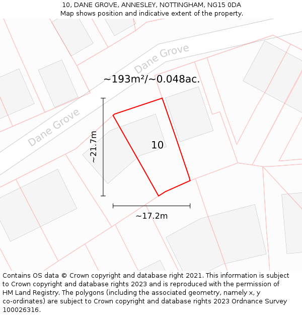 10, DANE GROVE, ANNESLEY, NOTTINGHAM, NG15 0DA: Plot and title map