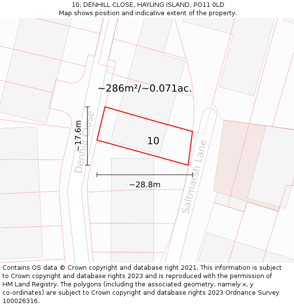 10, DENHILL CLOSE, HAYLING ISLAND, PO11 0LD: Plot and title map