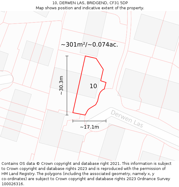 10, DERWEN LAS, BRIDGEND, CF31 5DP: Plot and title map