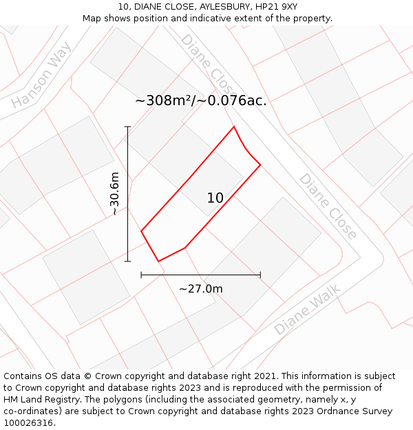 10, DIANE CLOSE, AYLESBURY, HP21 9XY: Plot and title map