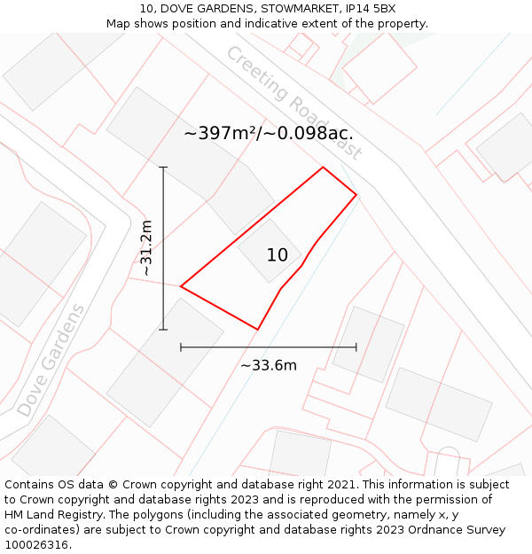 10, DOVE GARDENS, STOWMARKET, IP14 5BX: Plot and title map