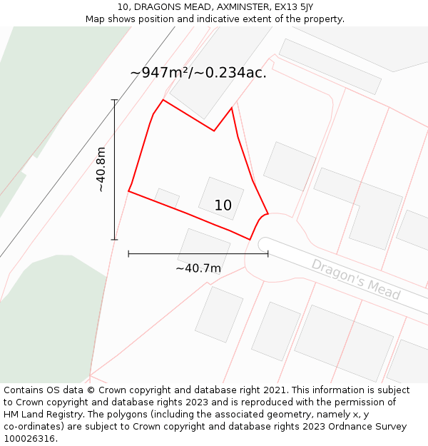 10, DRAGONS MEAD, AXMINSTER, EX13 5JY: Plot and title map