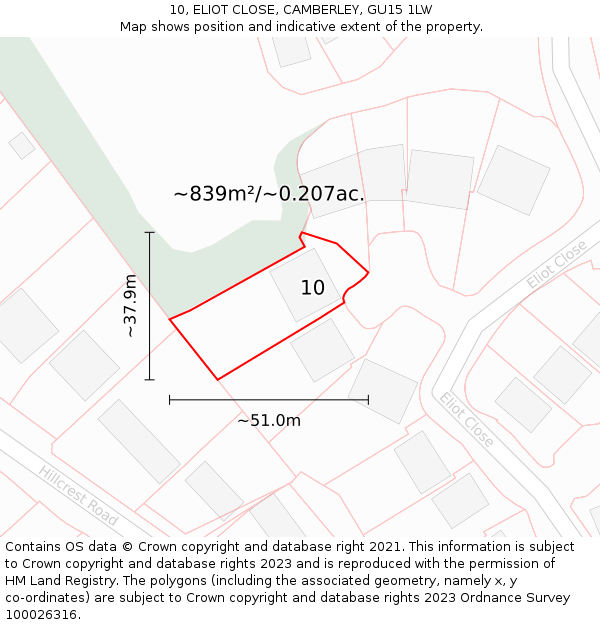 10, ELIOT CLOSE, CAMBERLEY, GU15 1LW: Plot and title map