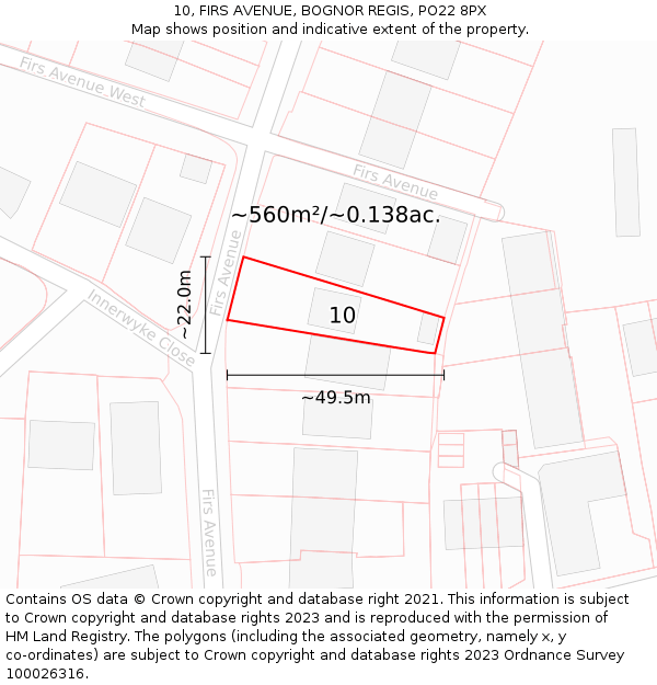 10, FIRS AVENUE, BOGNOR REGIS, PO22 8PX: Plot and title map