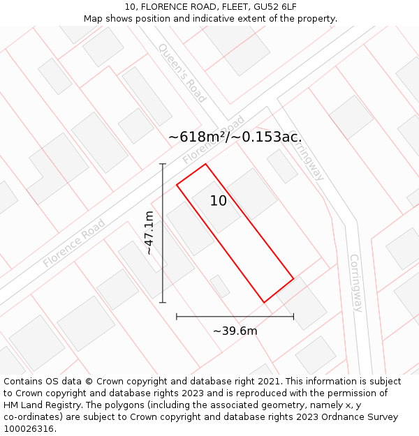 10, FLORENCE ROAD, FLEET, GU52 6LF: Plot and title map