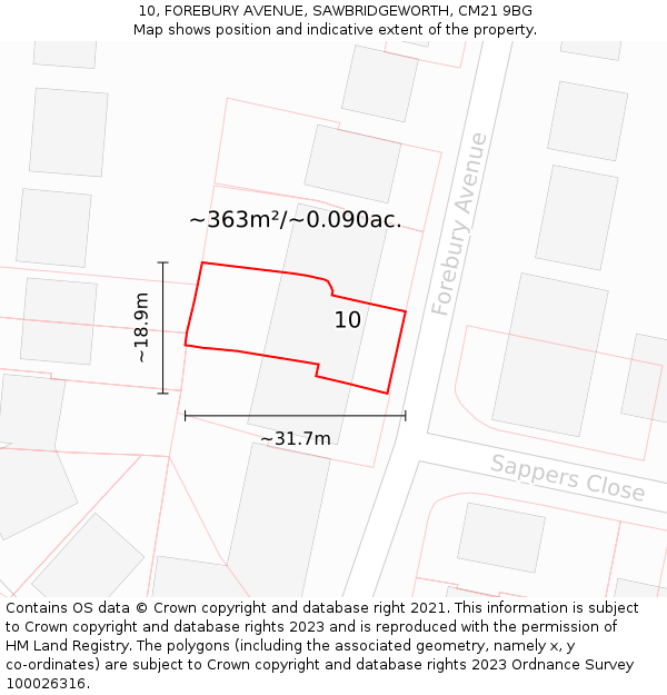 10, FOREBURY AVENUE, SAWBRIDGEWORTH, CM21 9BG: Plot and title map