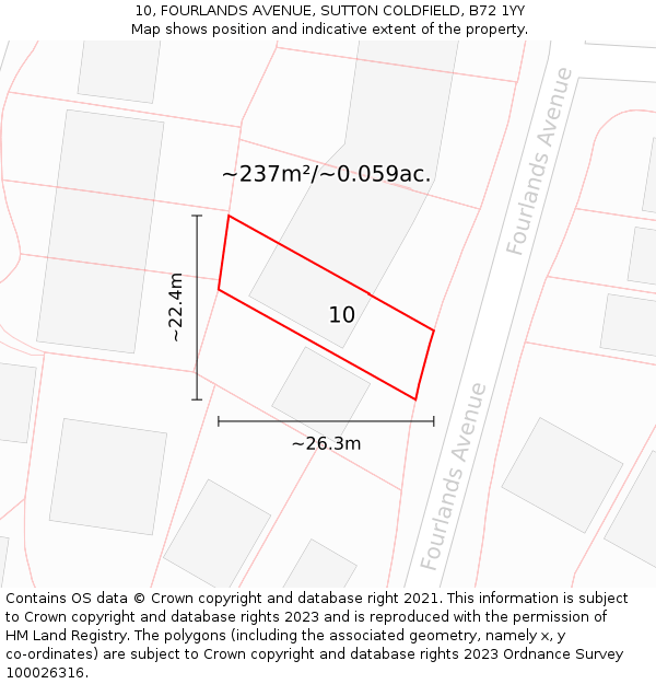 10, FOURLANDS AVENUE, SUTTON COLDFIELD, B72 1YY: Plot and title map