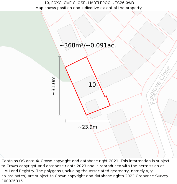 10, FOXGLOVE CLOSE, HARTLEPOOL, TS26 0WB: Plot and title map