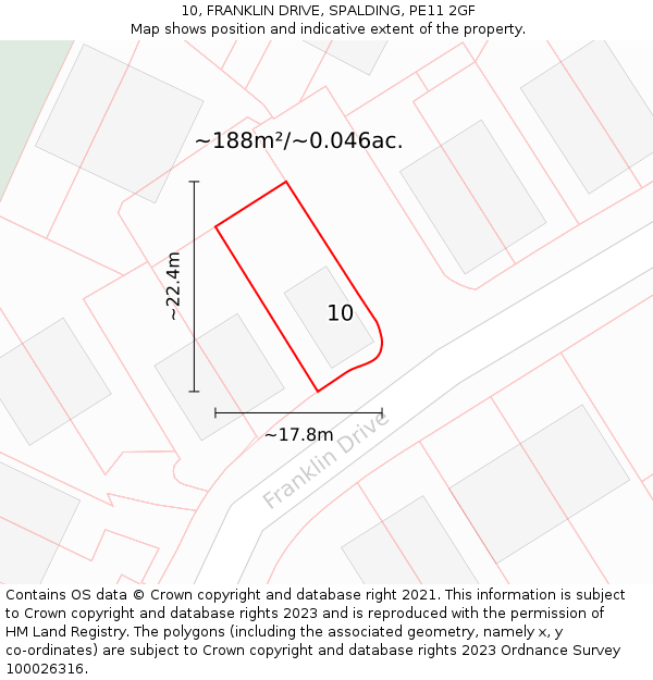 10, FRANKLIN DRIVE, SPALDING, PE11 2GF: Plot and title map