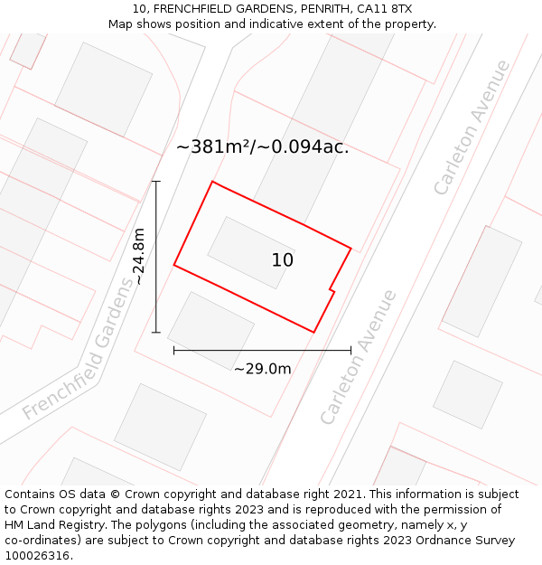 10, FRENCHFIELD GARDENS, PENRITH, CA11 8TX: Plot and title map