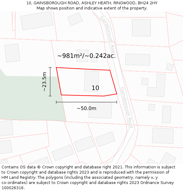 10, GAINSBOROUGH ROAD, ASHLEY HEATH, RINGWOOD, BH24 2HY: Plot and title map