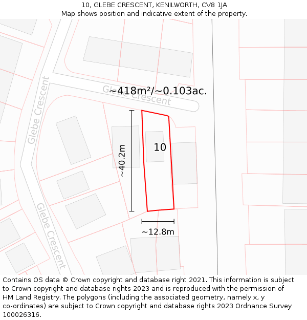 10, GLEBE CRESCENT, KENILWORTH, CV8 1JA: Plot and title map