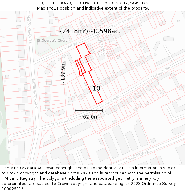 10, GLEBE ROAD, LETCHWORTH GARDEN CITY, SG6 1DR: Plot and title map