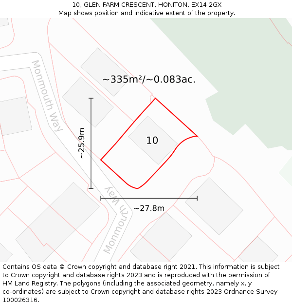 10, GLEN FARM CRESCENT, HONITON, EX14 2GX: Plot and title map