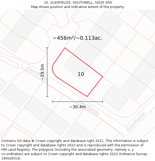 10, GLENFIELDS, SOUTHWELL, NG25 0AS: Plot and title map