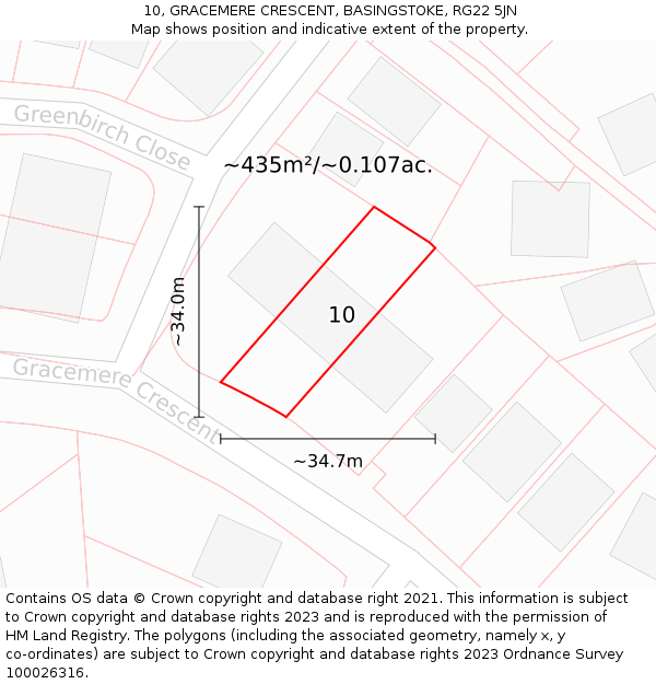 10, GRACEMERE CRESCENT, BASINGSTOKE, RG22 5JN: Plot and title map