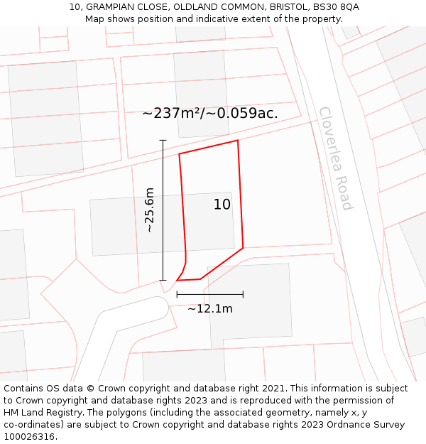 10, GRAMPIAN CLOSE, OLDLAND COMMON, BRISTOL, BS30 8QA: Plot and title map