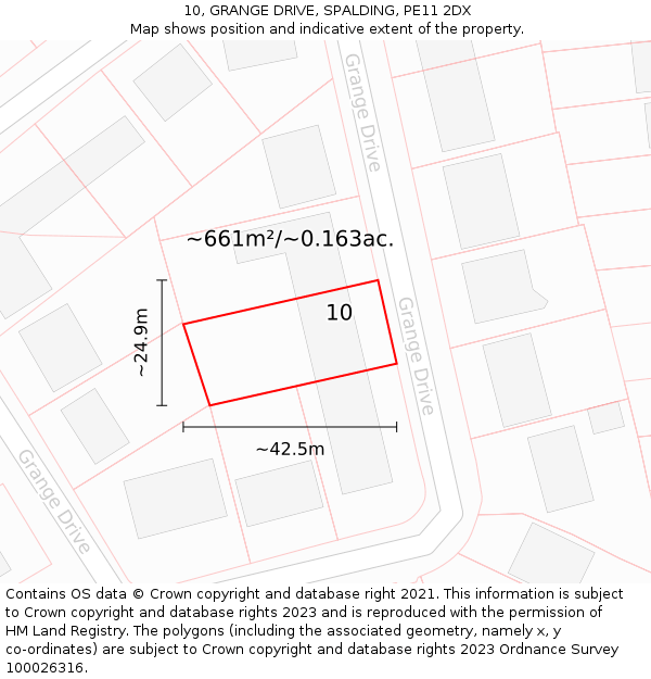 10, GRANGE DRIVE, SPALDING, PE11 2DX: Plot and title map