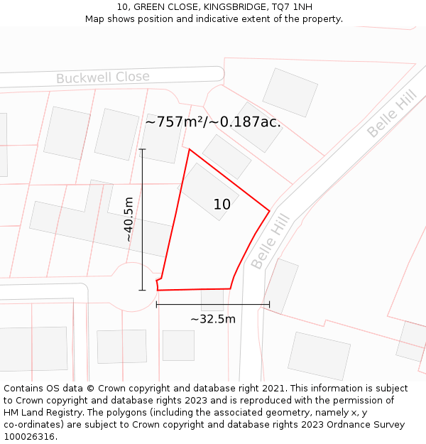 10, GREEN CLOSE, KINGSBRIDGE, TQ7 1NH: Plot and title map
