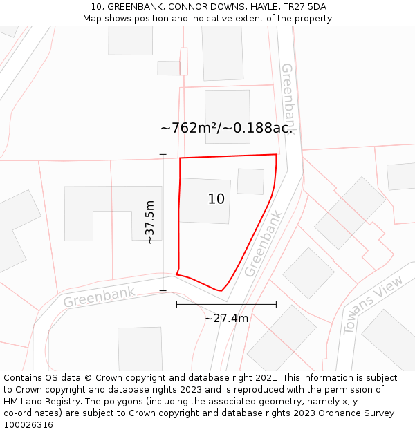 10, GREENBANK, CONNOR DOWNS, HAYLE, TR27 5DA: Plot and title map