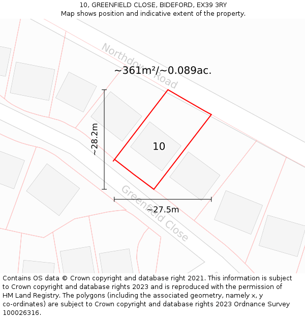 10, GREENFIELD CLOSE, BIDEFORD, EX39 3RY: Plot and title map