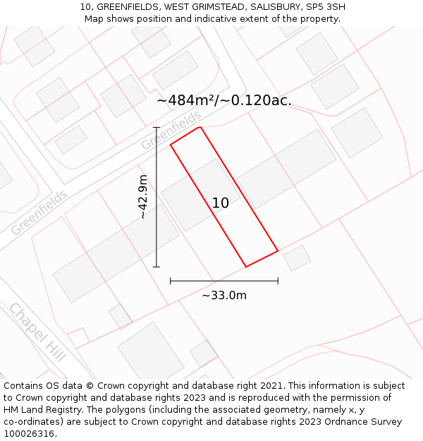 10, GREENFIELDS, WEST GRIMSTEAD, SALISBURY, SP5 3SH: Plot and title map