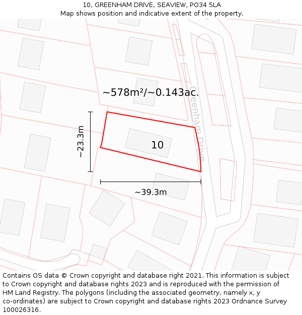 10, GREENHAM DRIVE, SEAVIEW, PO34 5LA: Plot and title map