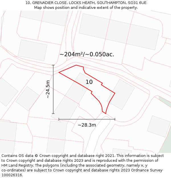 10, GRENADIER CLOSE, LOCKS HEATH, SOUTHAMPTON, SO31 6UE: Plot and title map