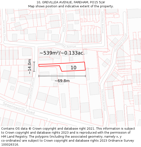 10, GREVILLEA AVENUE, FAREHAM, PO15 5LW: Plot and title map