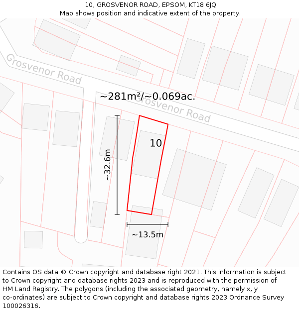 10, GROSVENOR ROAD, EPSOM, KT18 6JQ: Plot and title map