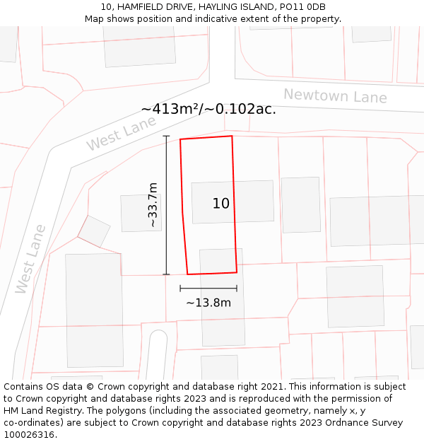 10, HAMFIELD DRIVE, HAYLING ISLAND, PO11 0DB: Plot and title map