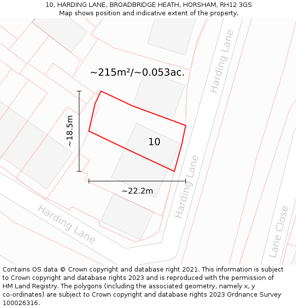 10, HARDING LANE, BROADBRIDGE HEATH, HORSHAM, RH12 3GS: Plot and title map