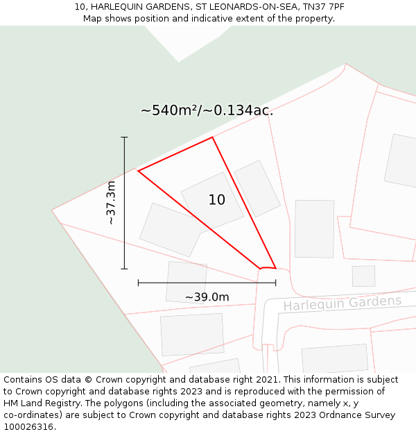 10, HARLEQUIN GARDENS, ST LEONARDS-ON-SEA, TN37 7PF: Plot and title map