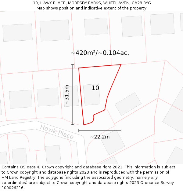 10, HAWK PLACE, MORESBY PARKS, WHITEHAVEN, CA28 8YG: Plot and title map