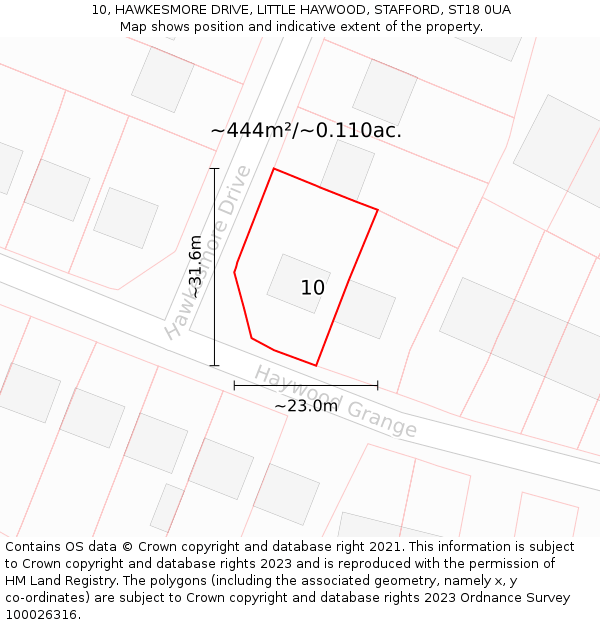 10, HAWKESMORE DRIVE, LITTLE HAYWOOD, STAFFORD, ST18 0UA: Plot and title map