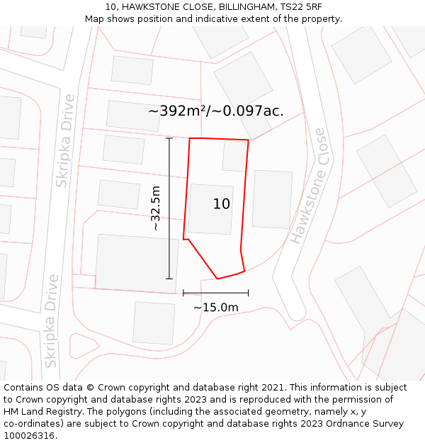 10, HAWKSTONE CLOSE, BILLINGHAM, TS22 5RF: Plot and title map