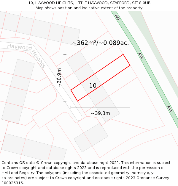 10, HAYWOOD HEIGHTS, LITTLE HAYWOOD, STAFFORD, ST18 0UR: Plot and title map