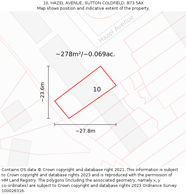 10, HAZEL AVENUE, SUTTON COLDFIELD, B73 5AX: Plot and title map