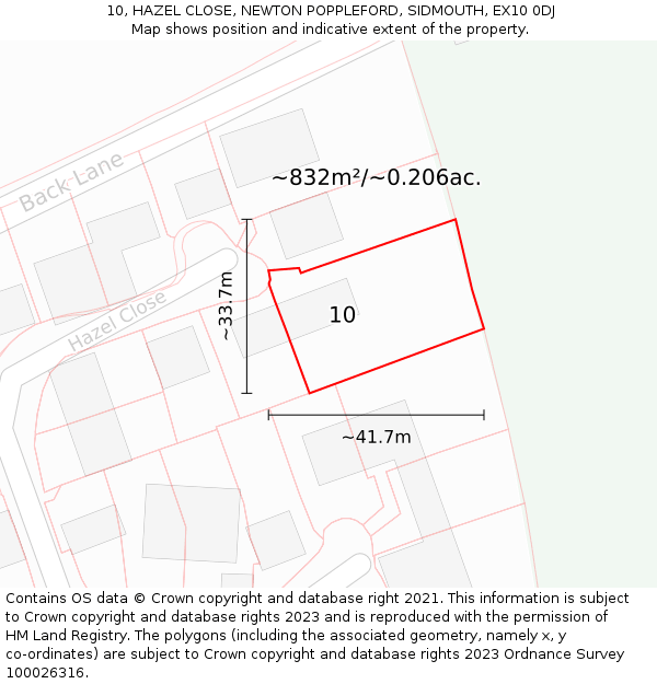 10, HAZEL CLOSE, NEWTON POPPLEFORD, SIDMOUTH, EX10 0DJ: Plot and title map